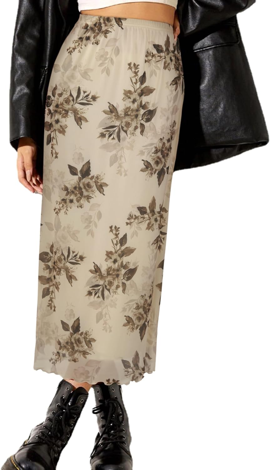 Avanova Women Floral Midi Skirt Boho Fall Summer Mesh High Waisted Maxi Long Skirts Flower Apricot X-Large