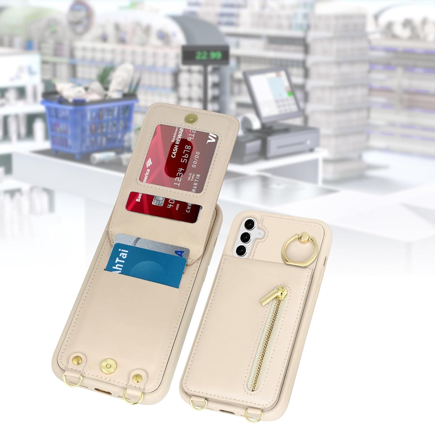 Crossbody Wallet Case for Samsung Galaxy S26, with Card Slots Zipper Pocket Case, Flip Folio Purse RFID Blocking with Ring Kickstand Detachable Strap-Beige