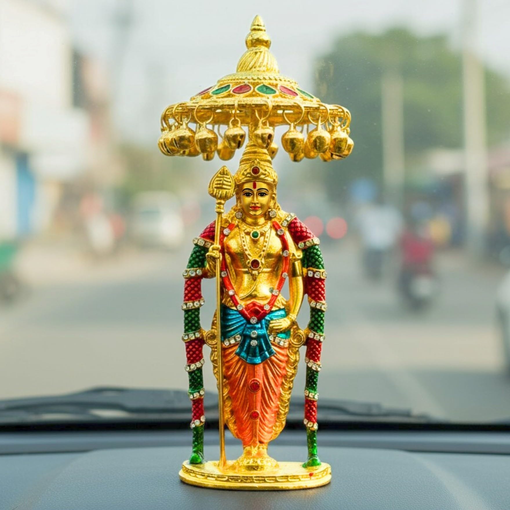 Yaa Catchy Lord Murugan to Your Car Dashboard Golden Idol with Crystal Stones Pooja & Office Hindu God Kartikeya ensuring a Blessed and Protected Journey. (Umbrella Murugan)-image-13