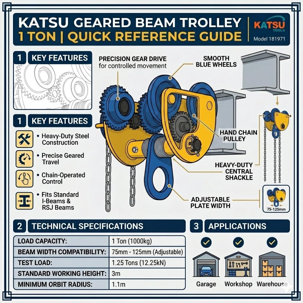 KATSU Tools Laufkatze 1 Tonne mit Handkette, Schwerlast Trägerfahrwerk verstellbar für I-Träger, Geared Beam Trolley Hebezeug für Werkstatt Garage Lager 181971