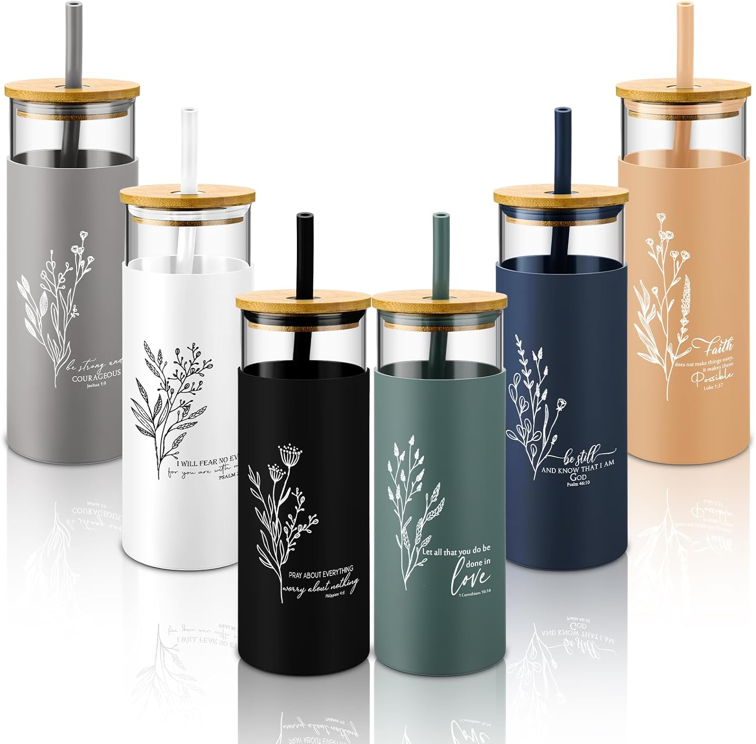 6 Pcs Inspirational Gifts 16 oz Glass Cups Bulk Aesthetic Can Shaped Coffee Cups with Bamboo Lid Straw Employee Appreciation Gifts for Women Teacher Nurse Office Favor (Christian)