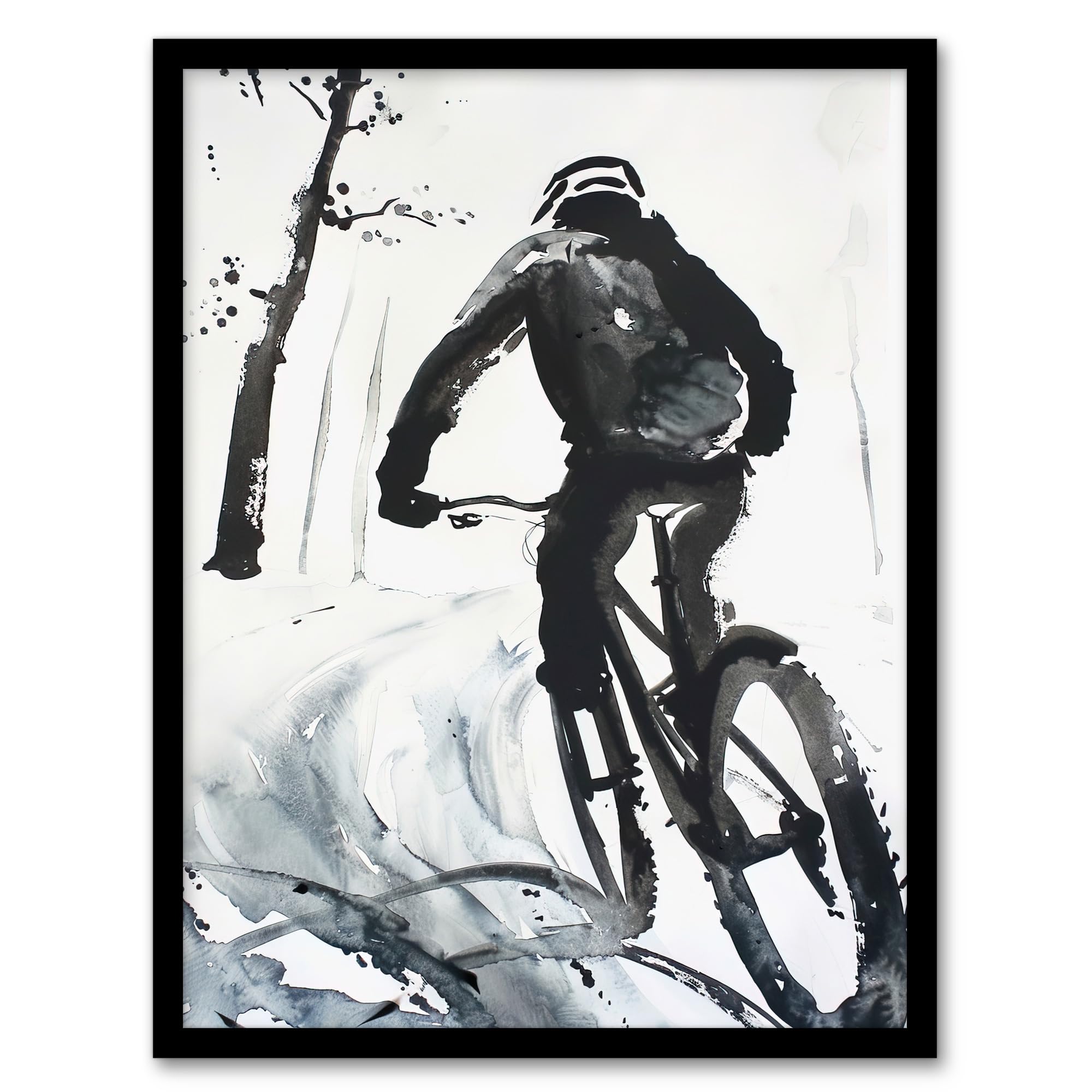 Artery8 Abstract Mountain Biker Biking Winter Landscape Man Cave Artwork Framed Wall Art Print A4