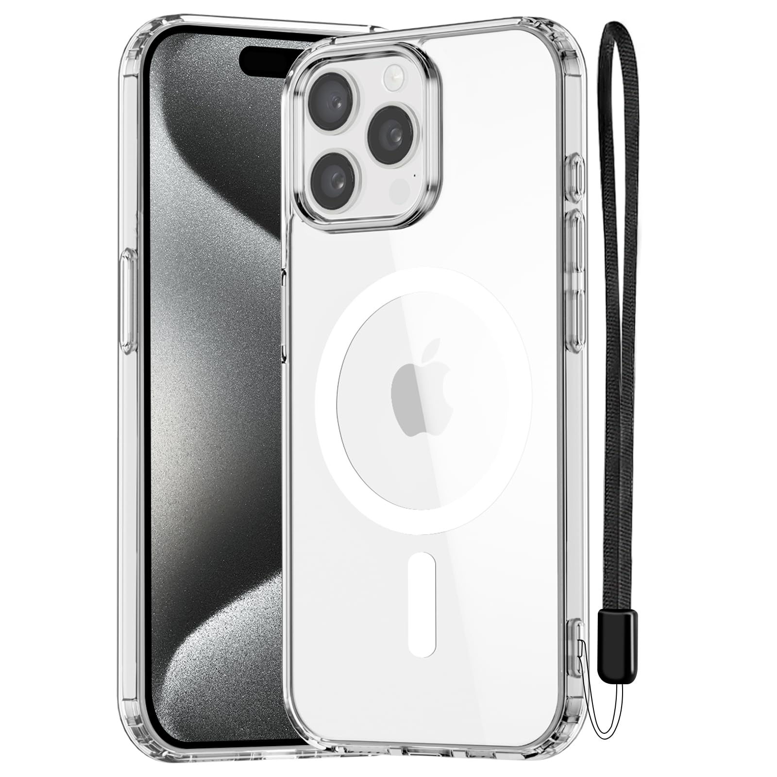 NEW'C Magnetisch Hülle für iPhone 15 Pro Max (6,7 Zoll) kompatibel mit MagSafe Ultimate, stoßfest-starker Magnetismus und militärischer Schutz-schlanke Hülle mit Umhängeband-Transparent