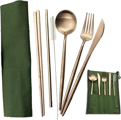 JASHII Juego de cubiertos reutilizables con cuchillo, tenedor, cuchara, palillos, 7 piezas de vajilla portátil de acero inoxidable 304 de viaje con