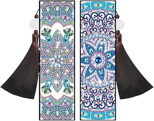 Paquete de 2 marcapáginas azul rey mandala diamante kit de pintura de cuero sintético paquete de 2 marcadores de bricolaje con borlas colgante para