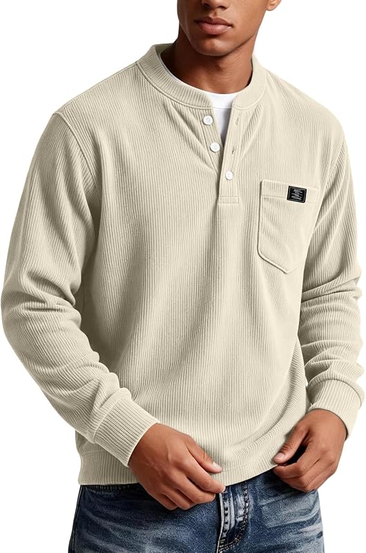 ZsaeSM Corduroy Mens Henley Long Sleeve Shirt M001 Khaki – Corduroy Henley Shirts for Men Long Sleeve Casual