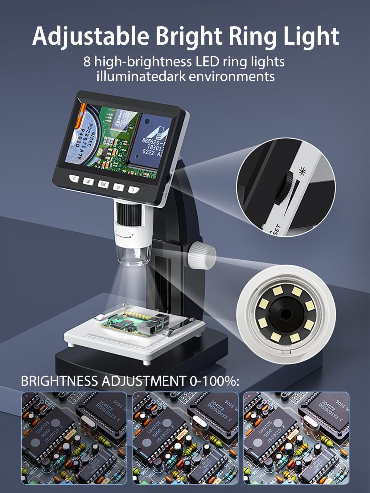 AOPICK Microscopio Digital con Pantalla de 4.3" y 8 Luces LED, Microscopio Portatil HD 1080P, Lupa Electronica MicroscopioProfesional 50-1000X, Compatible con PC Windows MacOS