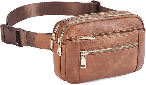 Telena Riñoneras para mujer con correa ajustable de cuero cruzado, Marrón