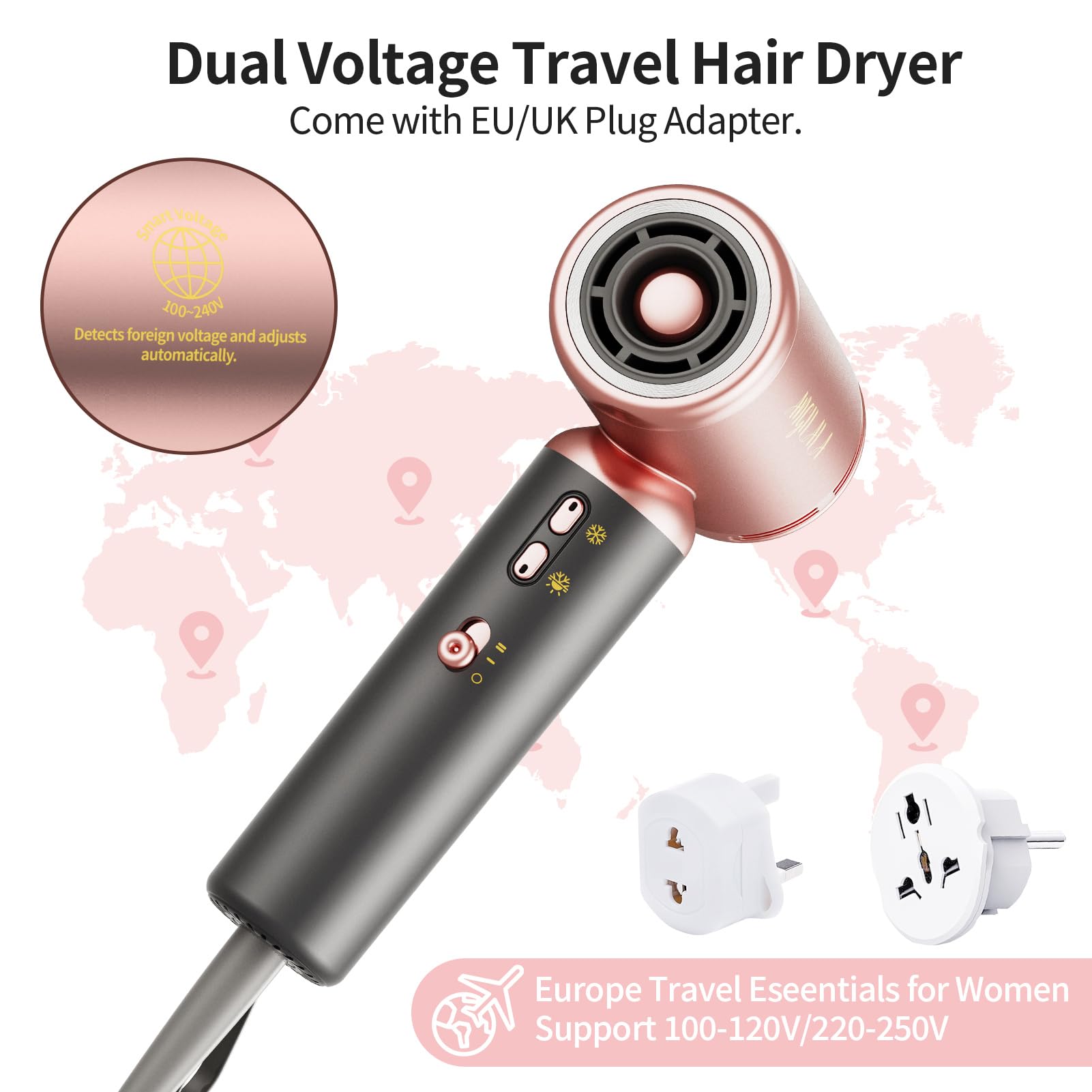 Pink Dual Voltage Travel Mini Hair Dryer, 110,000 RPM, EU/UK Adapters