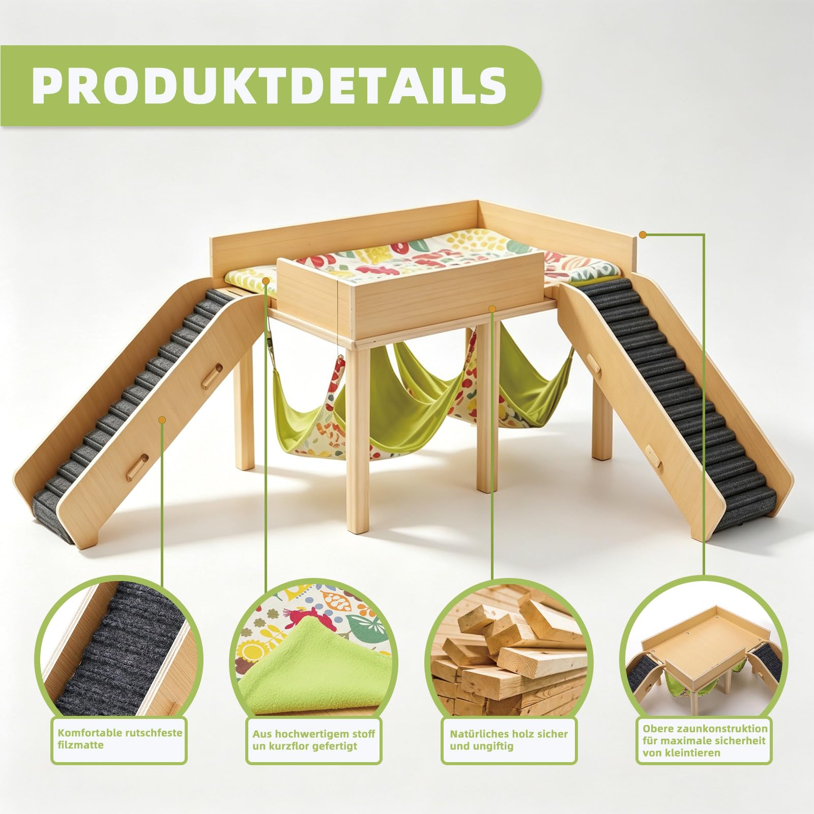 Meerschweinchen Haus aus Holz, Meerschweinchen Versteck mit Hängematte und Rampe, Kleine Haustiere Spielzeug Zubehoer, Versteck für Zwerg Hamster Rennmäuse Degus Stachelmäuse Kaninchen