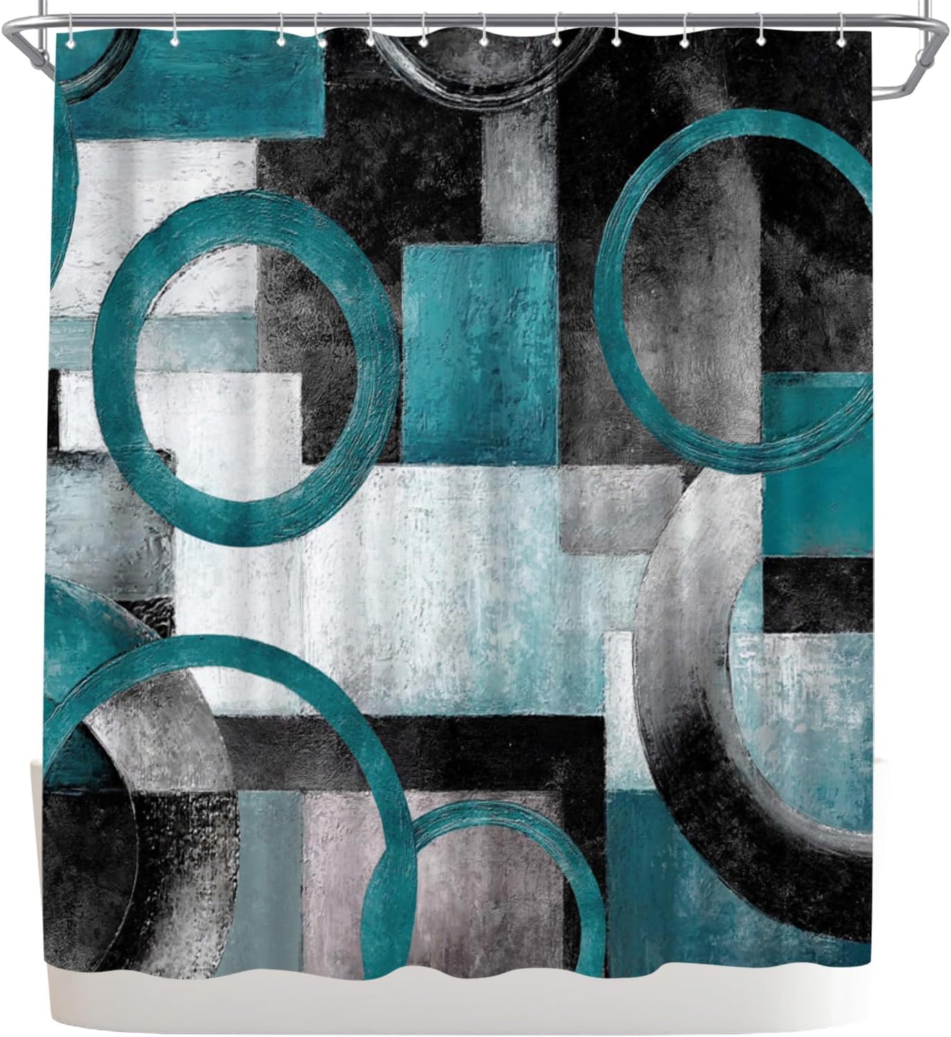 WELMECO Geometric Circle Shower Curtain, Polyester Fabric with Hooks, 72x72inch Abstract Bathroom Decor Shower Curtain (Teal)