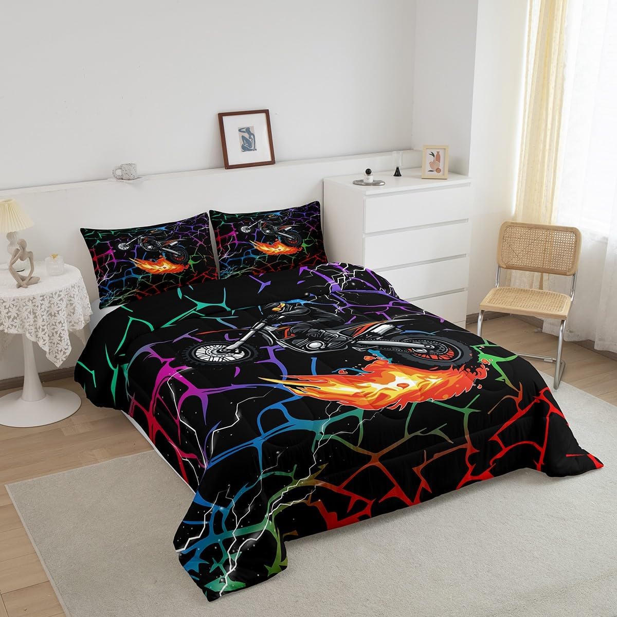 Erosebridal Boys Dirt Bike Comforter Set Queen Size Graffiti Motorcycle Bedding Set for Kids Teen Men Abstract Geometric Stripes Sports Down Comforter Motocross Rider Bed Set Room Decor image 3