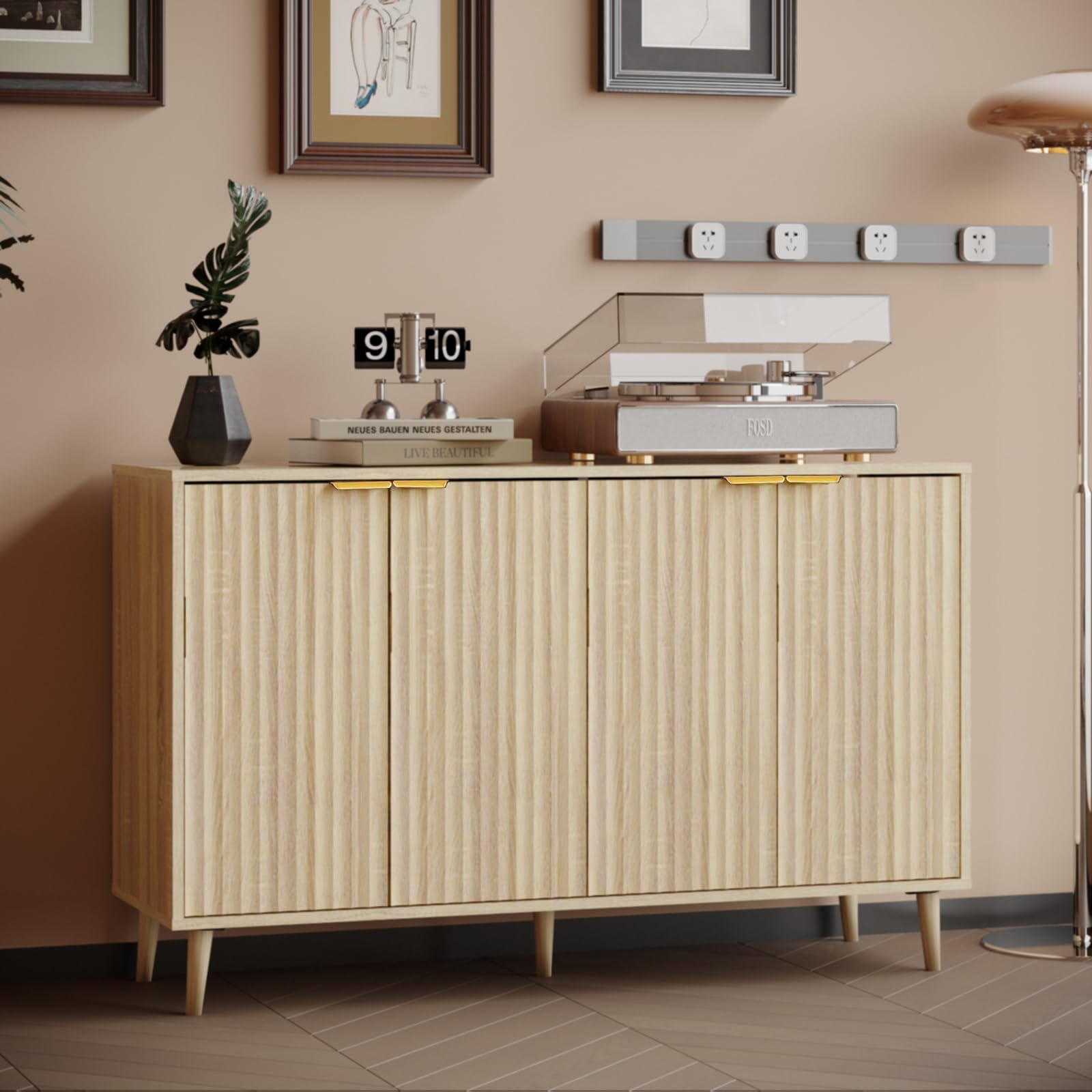 Homzbesy Sideboard - Buffet Cabinet with Storage, Fluted with 4 Doors and Adjustable Shelves, Accent with Solid Wood Feet, Sideboard Cabinet for