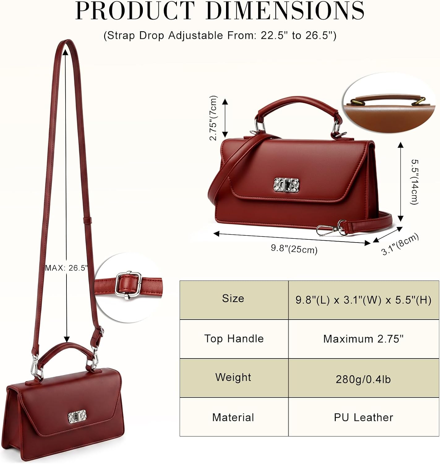 Women's Satchel Handbag, Leather Top Handle Crossbody Purse, Small Shoulder Bag with Detachable Strap