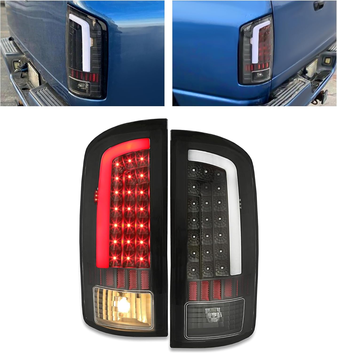 HECASA LED Tail Lights Assembly Compatible with 2002-2006 Dodge Ram 1500 2500 3500 LED Tube Bar Rear Brake Turn Signal Lamp Taillights Clear Lens Black Housing Left & Right