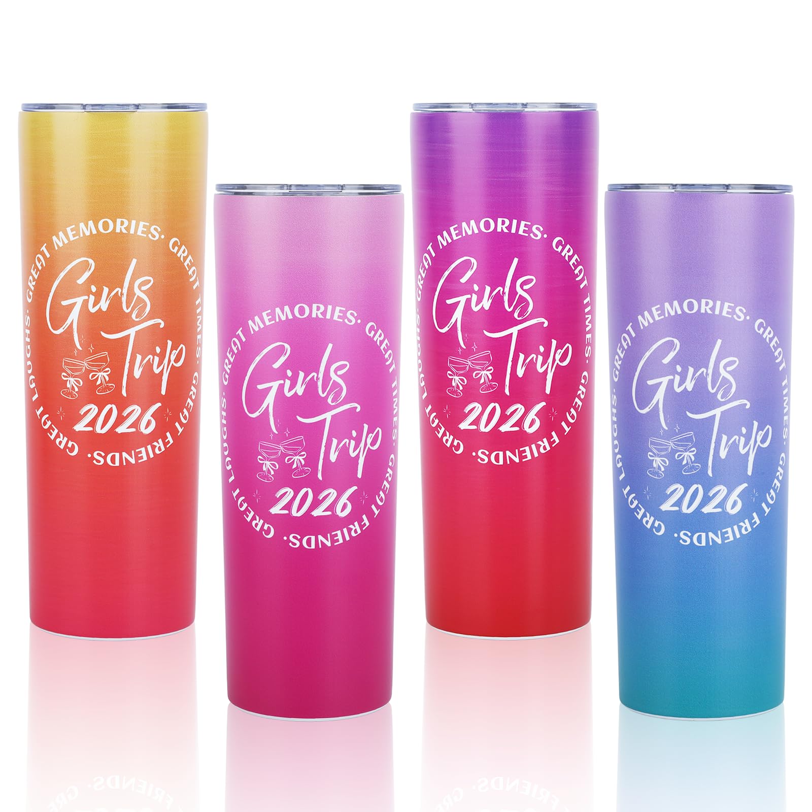 4Pcs Girls Trip Gifts Favors 2026 Colored 20oz Stainless Steel Tumbler with Lid Girls Weekend Gifts for Women Straight Skinny Insulated Travel Mug Cup