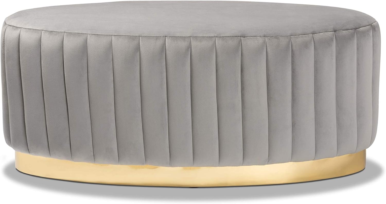 Baxton Studio Kirana Glam and Luxe Grey Velvet Fabric Upholstered and Gold PU Leather Ottoman