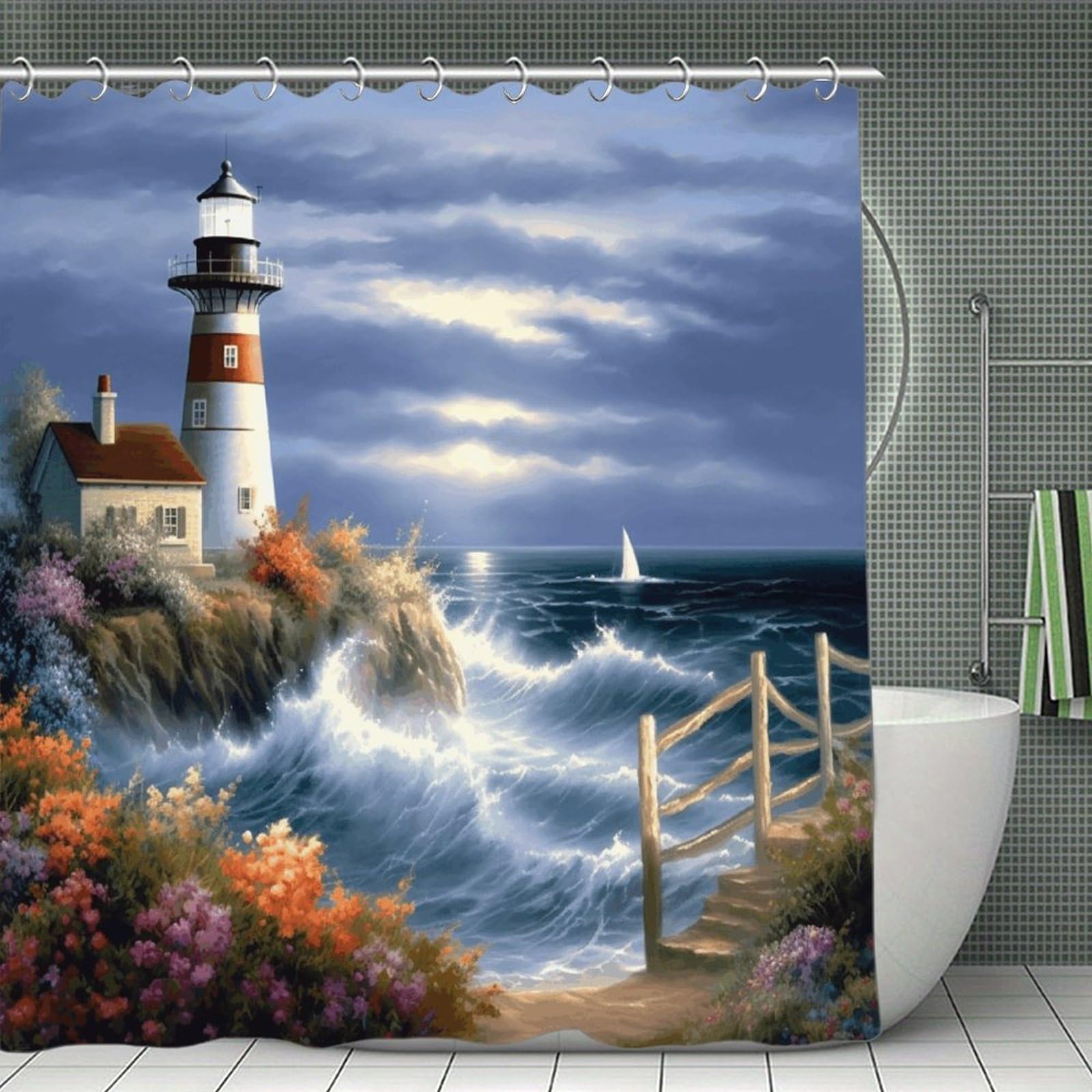 VstaDank Lighthouse Diamond Painting Shower Curtain Waterproof Bathroom Curtain with Hooks Luxury Weighted Bath Curtains for Bathtubs Showers Room Dividers Decorative Shower Curtains 71x71 in