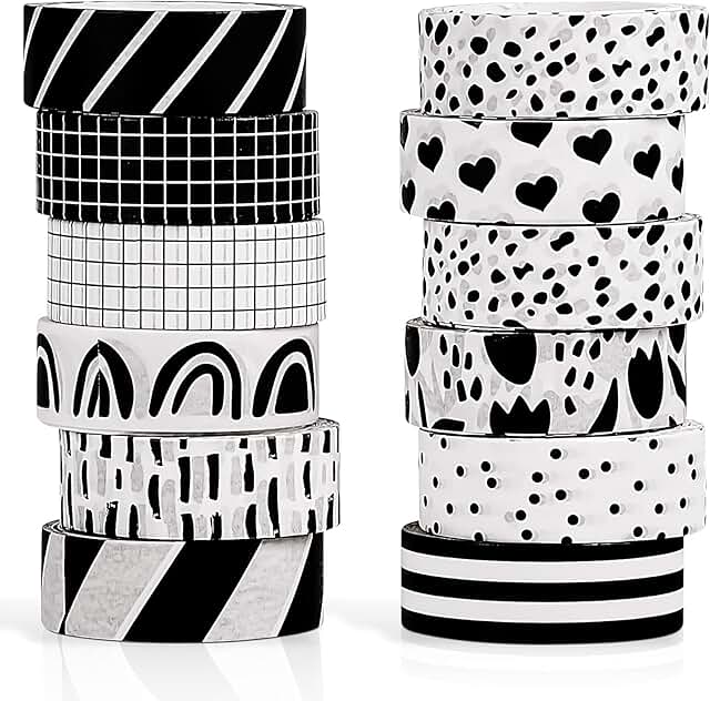 Outus 12 Rolls Washi Tape Set Black White Paper Thin 15 mm Wide 7 Meters...