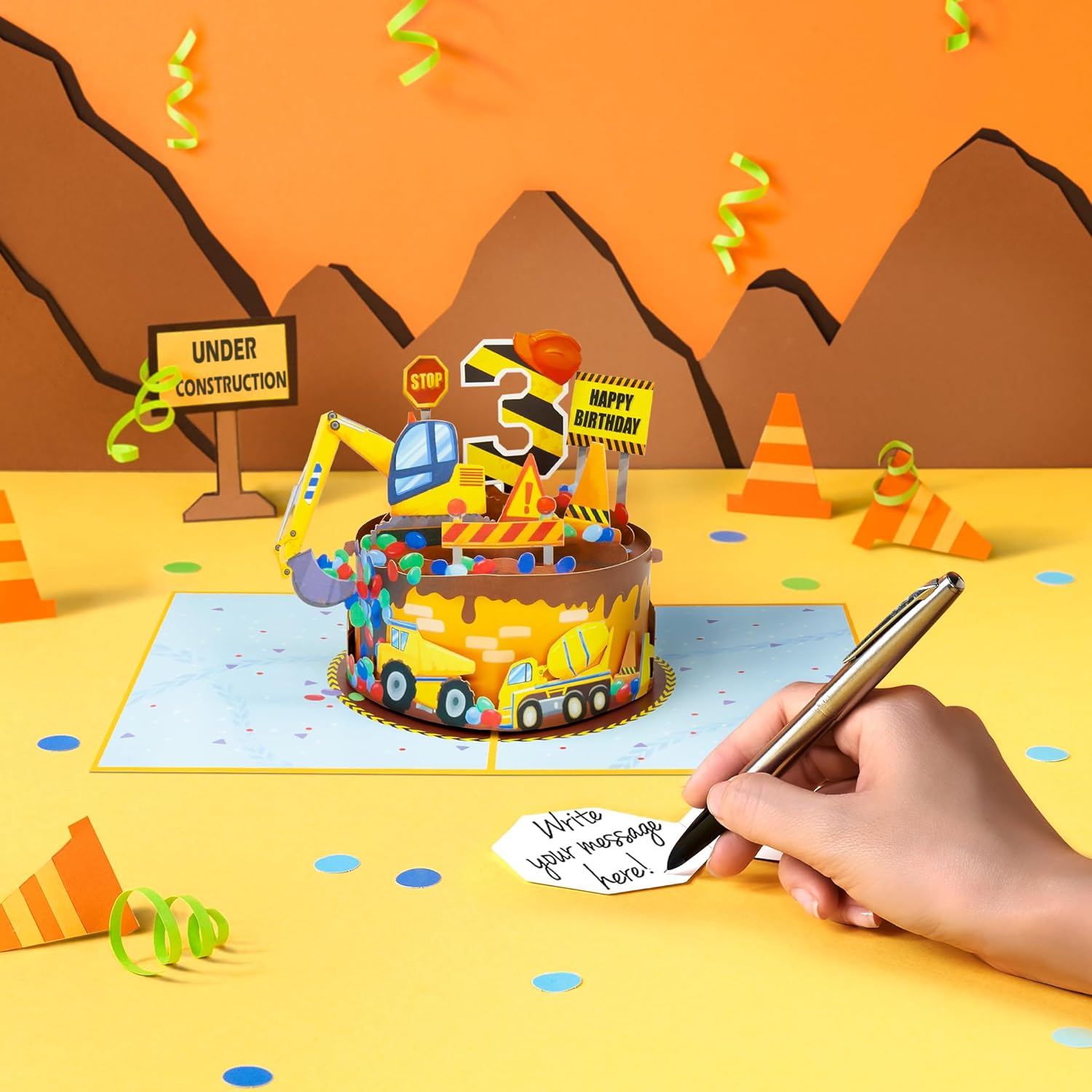 Construction Birthday Cake 3rd Pop Up Card, Excavator, Crane, 3D Greeting Card, Ideal Gifts for Kids, Toddler, Children, Son, Grandson, Nephew, 5x7 - Includes Envelope And Message Note - Image 5
