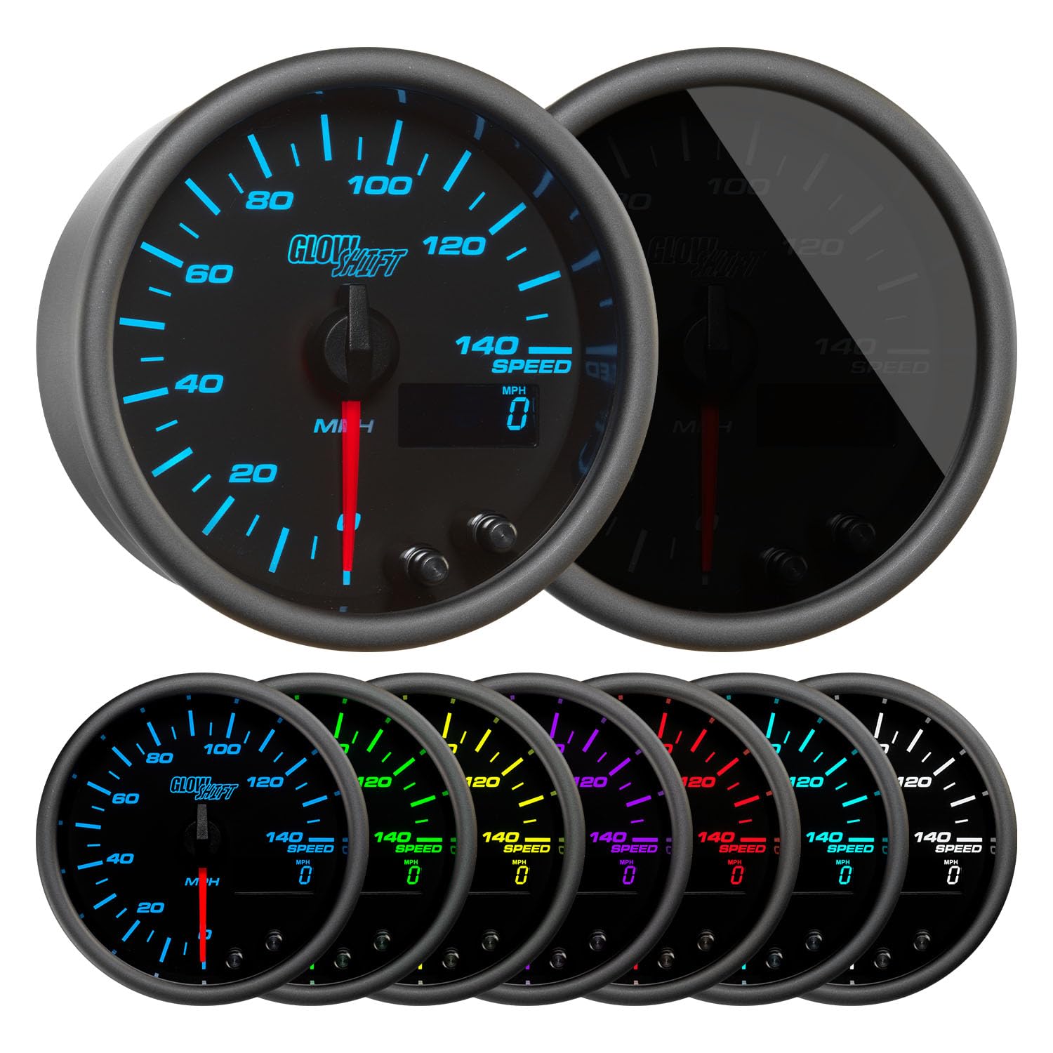 GlowShift Tinted 7 Color 140 MPH Speedometer Gauge - Mounts in Custom Dashboard - Odometer - Resettable Trip Meter - Black Dial - Smoked Lens - 3-3/8" 85mm