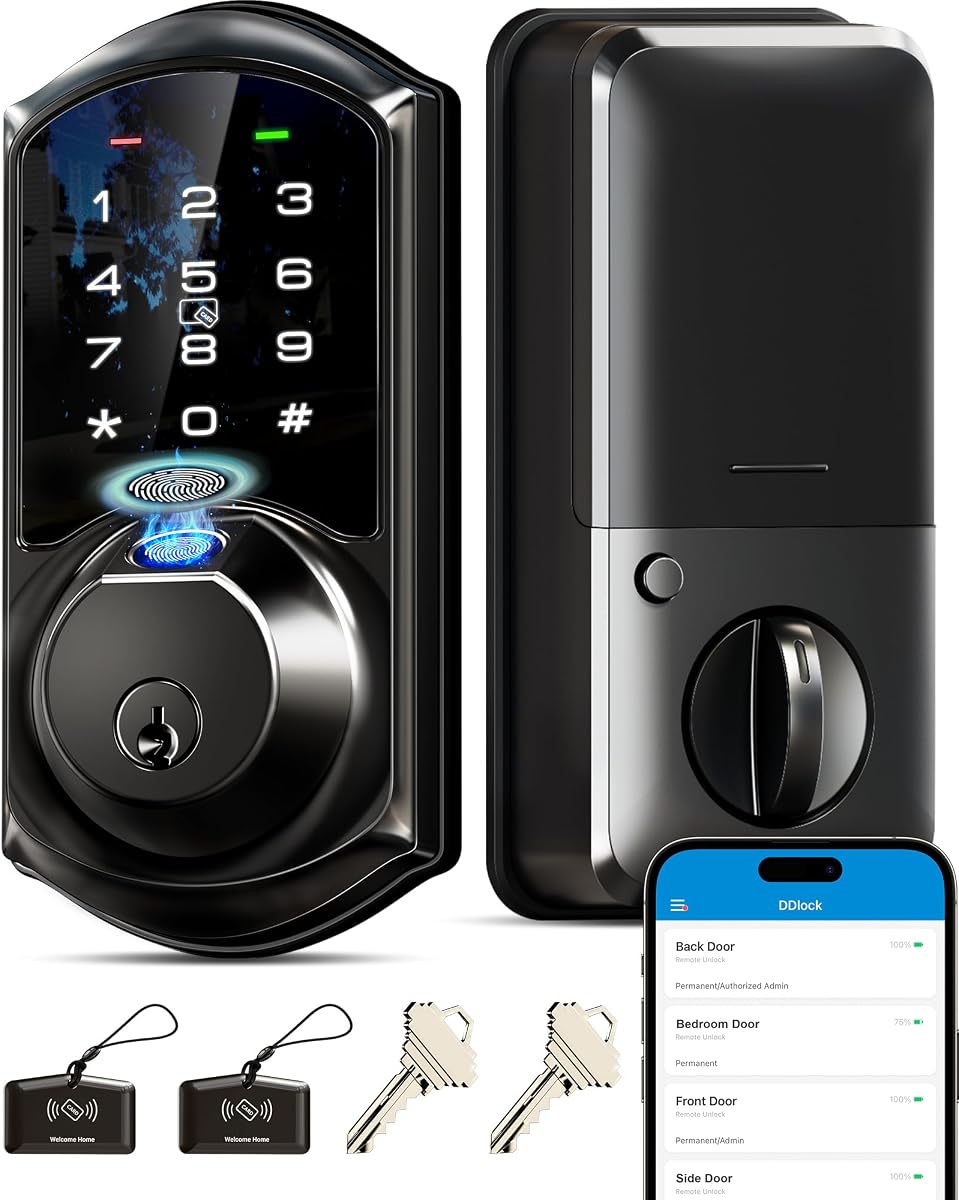 Veise VE07 Cerradura de cerrojo inteligente con huella digital, control de aplicaciones, llaveros, negro mate | Pantalla táctil, acceso remoto compartido, acceso 7 en 1, bloqueo automático, BHMA/ANSI grado 3, alarma de batería baja, para puerta de entrada