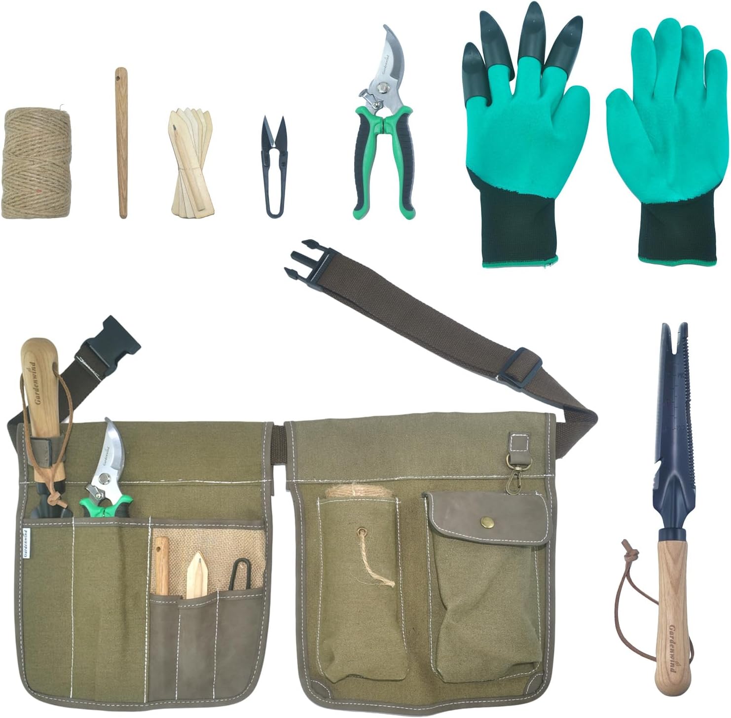 Gardenwind 14Pcs Gardening Tools for Men Gardening Hand Tools with Weeder, Scale, Sawtooth, Cut Rope, Waist Bag,Heavy Duty