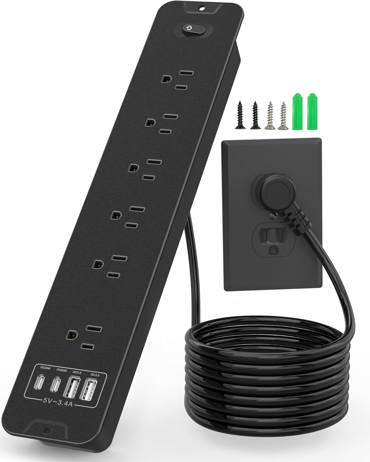 Recessed Power Strip, Flush Mount Power Strip with USB Ports, PD 20W USB C Fast Charging, 6 FT Extension Cord Surge Protector with1800J, Furniture Hidden Outlet for Side Table, End Table