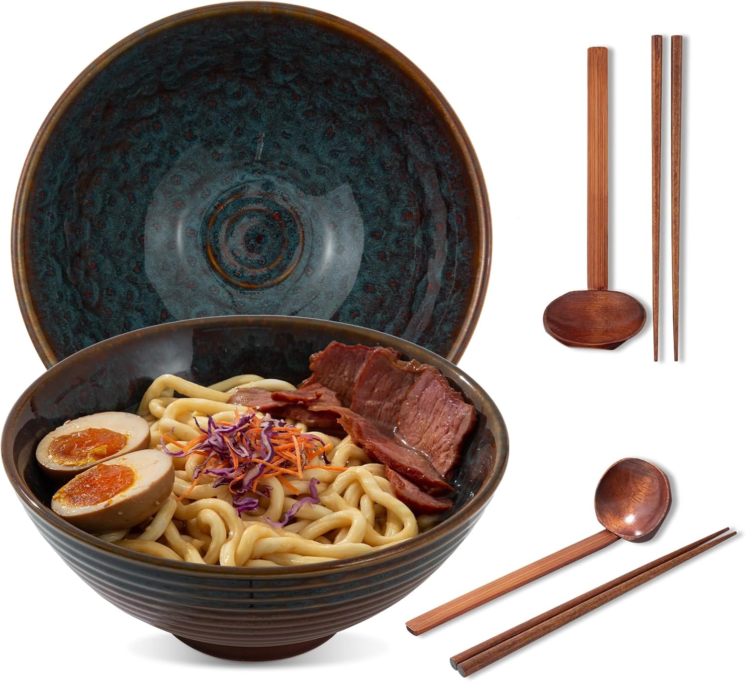8 Inch Ceramic Ramen Bowl Set of 2, 40oz Japanese Bowls with Spoons & Chopsticks,Durable,Microwave & Dishwasher Safe,Perfect for Ramen,Pho,Salad,Soup,Noodles，Mixing bowls（Verdigris Green）