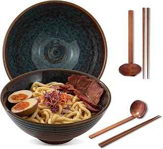 8 Inch Ceramic Ramen Bowl Set of 2, 40oz Japanese Bowls with Spoons & Chopsticks,Durable,Microwave & Dishwasher Safe,Perfect for Ramen,Pho,Salad,Soup,Noodles,Mixing bowls(Verdigris Green)