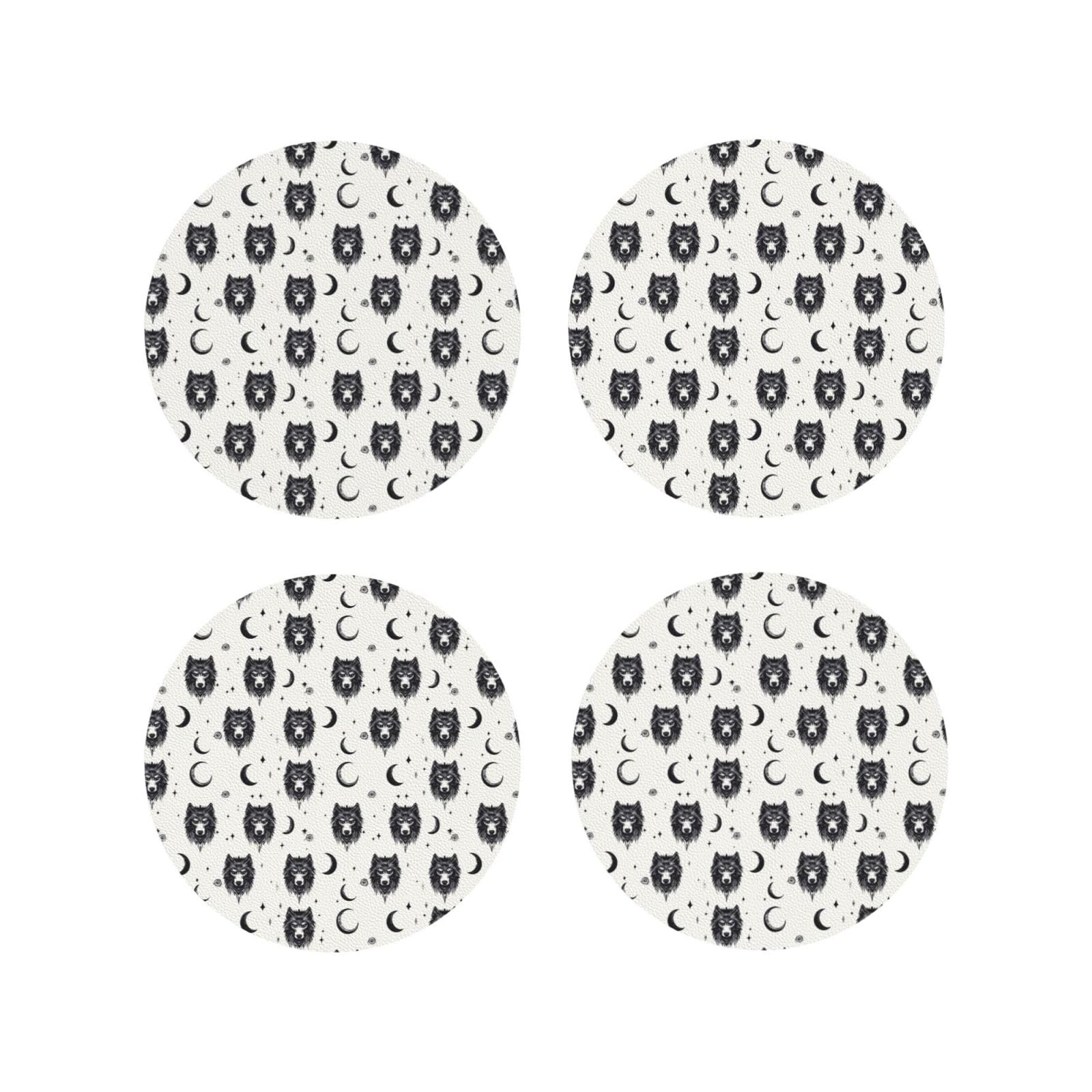 Leather Coasters Set of 4 - Sketch Wolf Head Moon Print Lightweight Drink Coasters for Desk