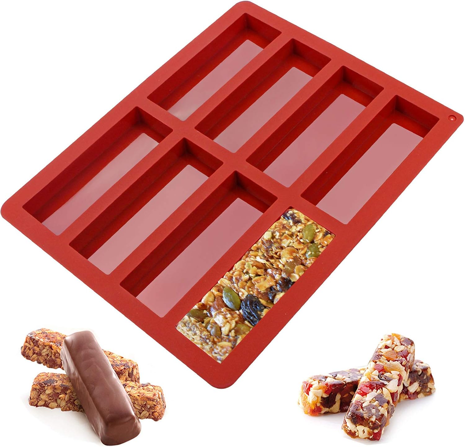 Webake Chocolate Molds Silicone Bar Mold for Granola Cereal Energy Bars, 4.5 Inch Long Rectangular For Baking, Butter, 8 Cavities