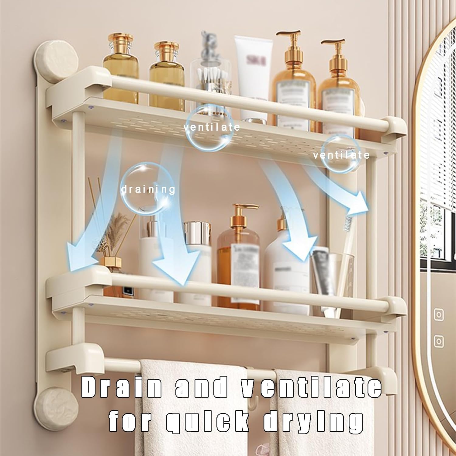 Vacuum Suction Cup Towel Holder Galvanized Steel 2 Layers 2 Rods Towel Racks L15.7/19.7/23.6” Household Bathroom Towel Hanger Hollowed Out Countertop