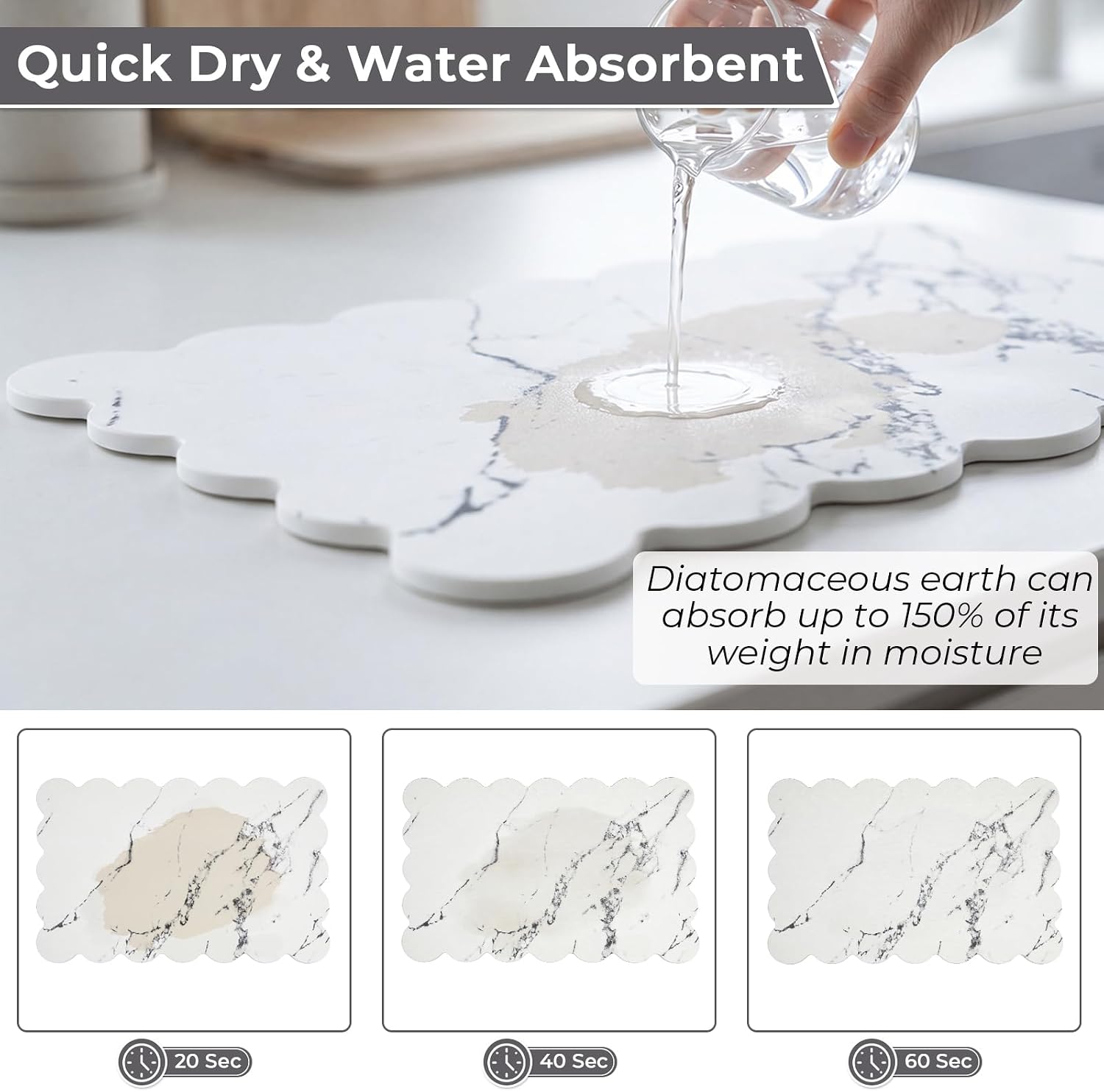 Large Stone Dish Drying Mat for Kitchen 24'' x 16'' White