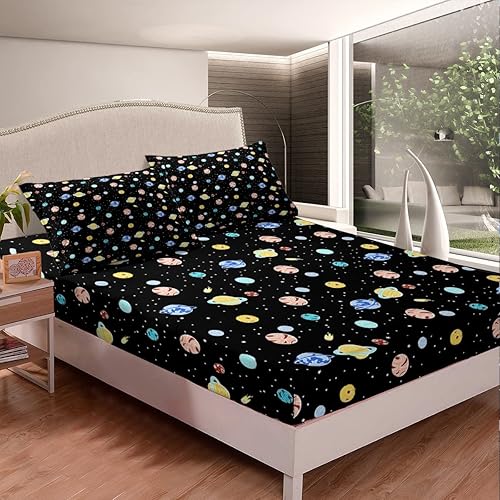 Vista 2 de Feelyou Juego de sábanas espaciales para niños, juego de ropa de cama de galaxia para niños y niñas, sábanas de planeta del universo, 1 sábana