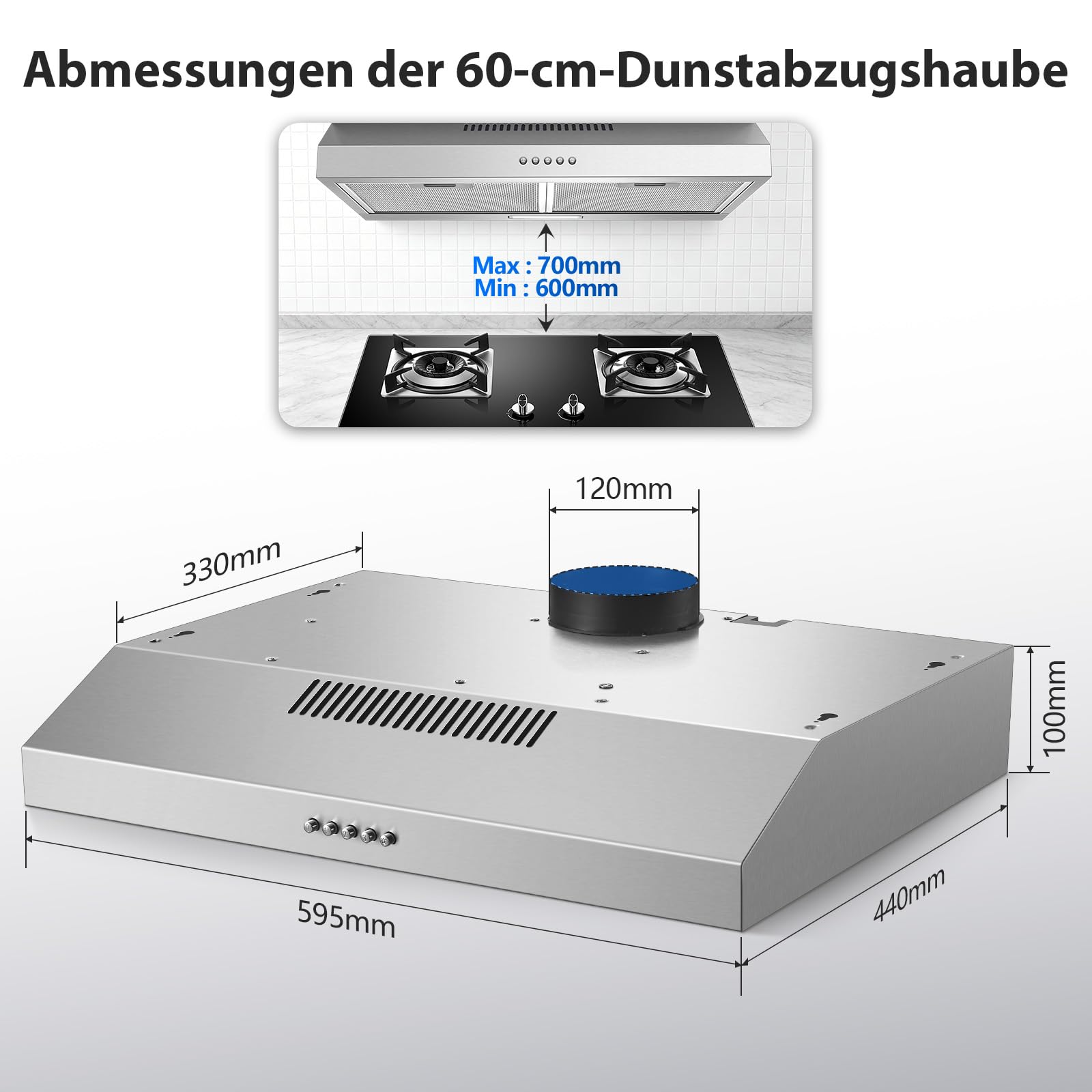 TopStrong 60cm Unterbau Dunstabzugshaube, 250m³/h Slim Küchenabzugshaube, 3 Stufen, A+ Energieklasse, LED Licht, 430 Edelstahl, Umluft & Abluft Abzugshaube
