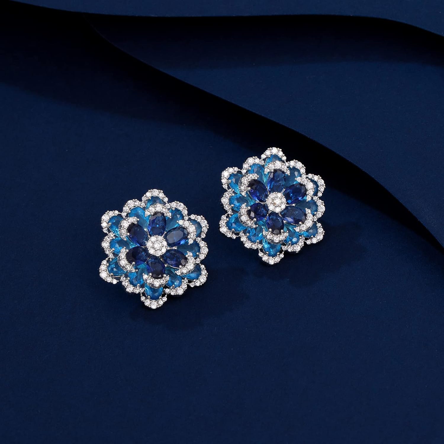 Cubic Zirconia Stud Earrings for Women, Large Sparkly Flower Earrings, CZ Crystal Rhinestone Cluster Earrings - Image 2