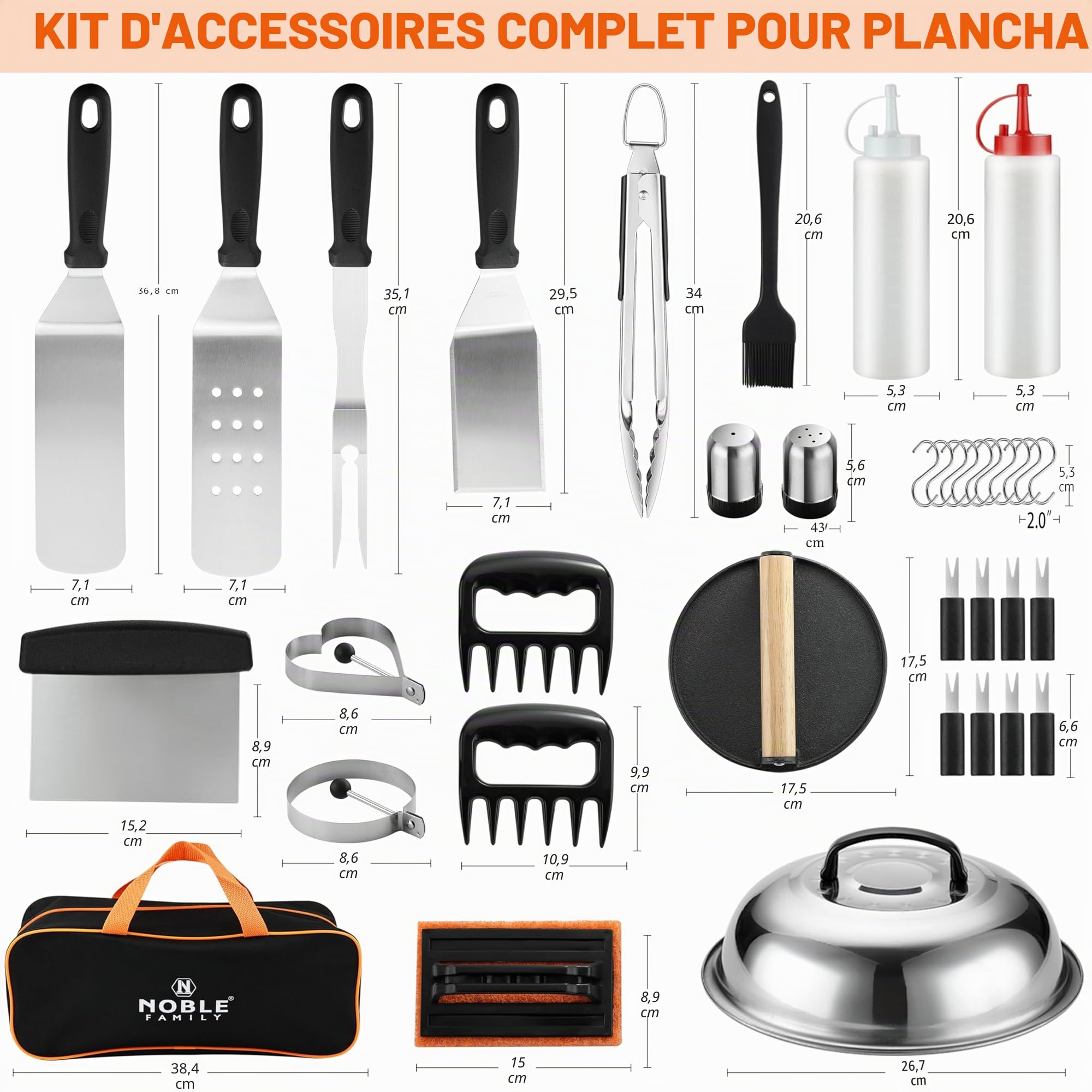 Kit d'accessoires de Barbecue Professionnels 38 Pièces Acier Inoxydable avec Pince, Presse à Hamburger, Sac de Transport