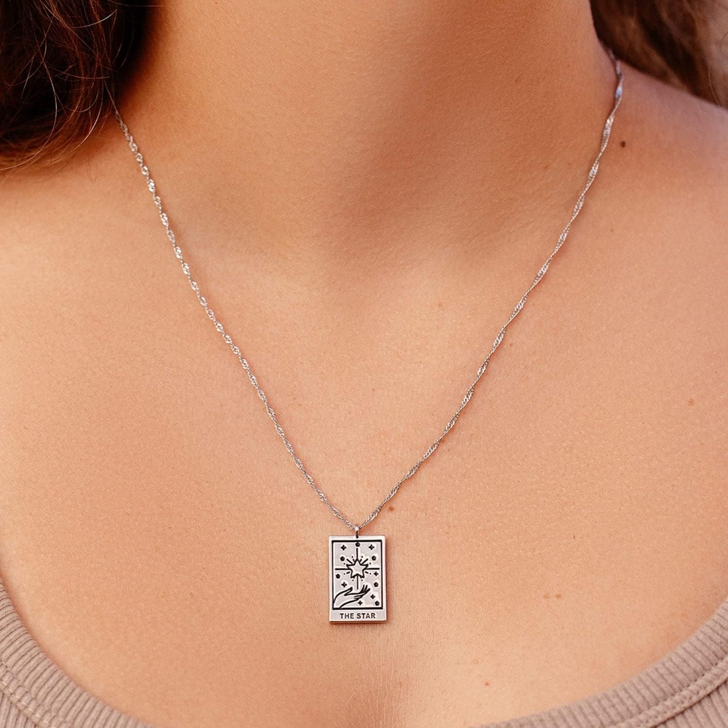 Pura Vida 18" Silver or Rose Gold Tarot Pendant Necklace - Handmade Statement Necklace with Silver or Rose Gold Chain - Long Necklaces, Boho Jewelry for Women - 3" Extender