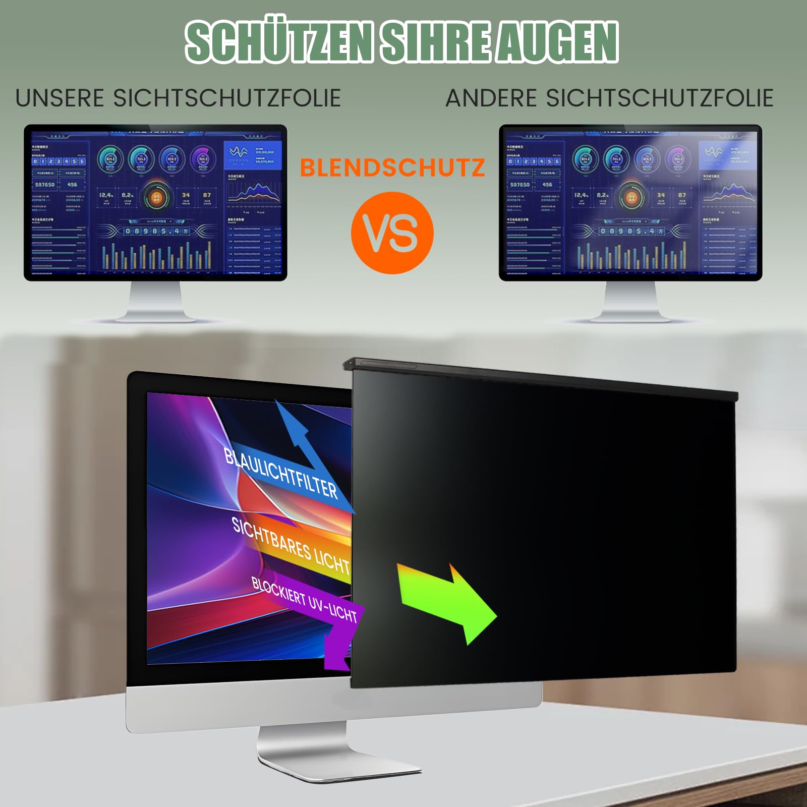 Matt Blickschutzfolie für 24 Zoll 16:9 Monitor – Abnehmbare, hängende Sichtschutzfolie mit HD-Blaulichtfilter, Blendschutz und Displayschutz, Privacy Screen, Breite x Höhe: 540 x 329mm
