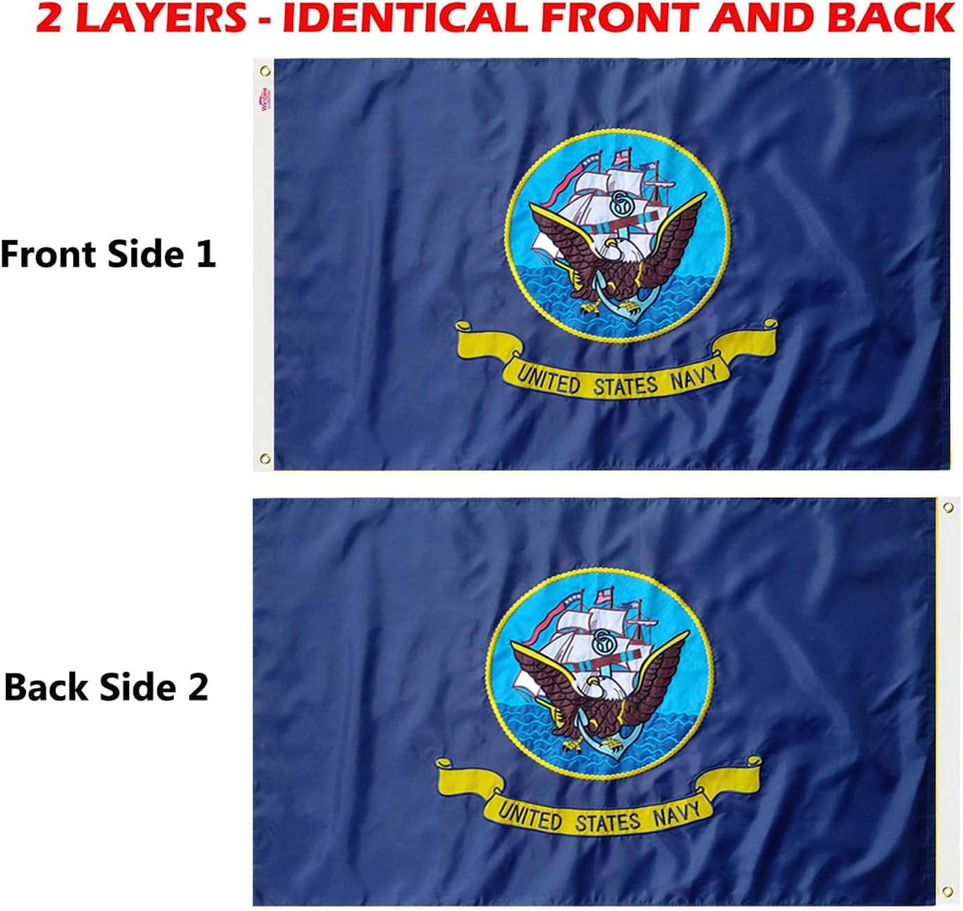Embroidered US Navy Flag 3x5 Ft Outdoor - Double Sided Embroidered, Heavy Duty 2ply Nylon, Sewn Stripes and Brass Grommets. All Weather American Military Navy Flags Great for Indoor and Outdoor Decor