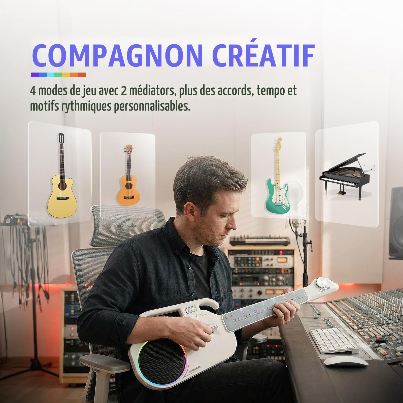 SONICAKE Guitare Intelligente Sans Cordes, Ukulélé Numérique à Manche Lumineux pour Débutants, Instrument de Voyage Portable avec Haut-Parleur BT 10W Intégré, Accompagnement Auto & App NeoUke