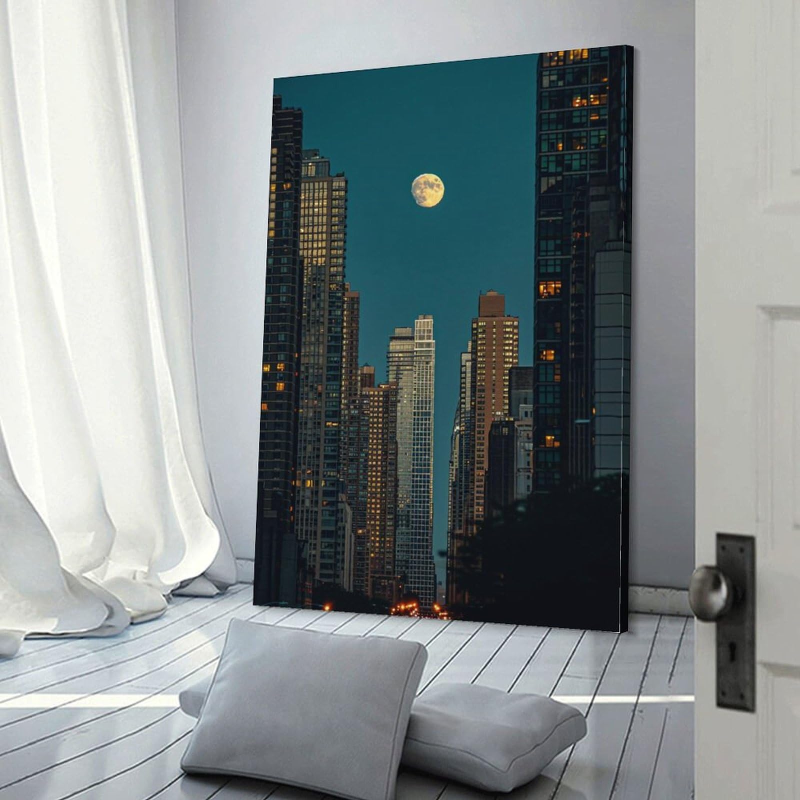 Amazon.co.jp: 絵画 満月の下の高層ビル群インテリア 絵画 魅力