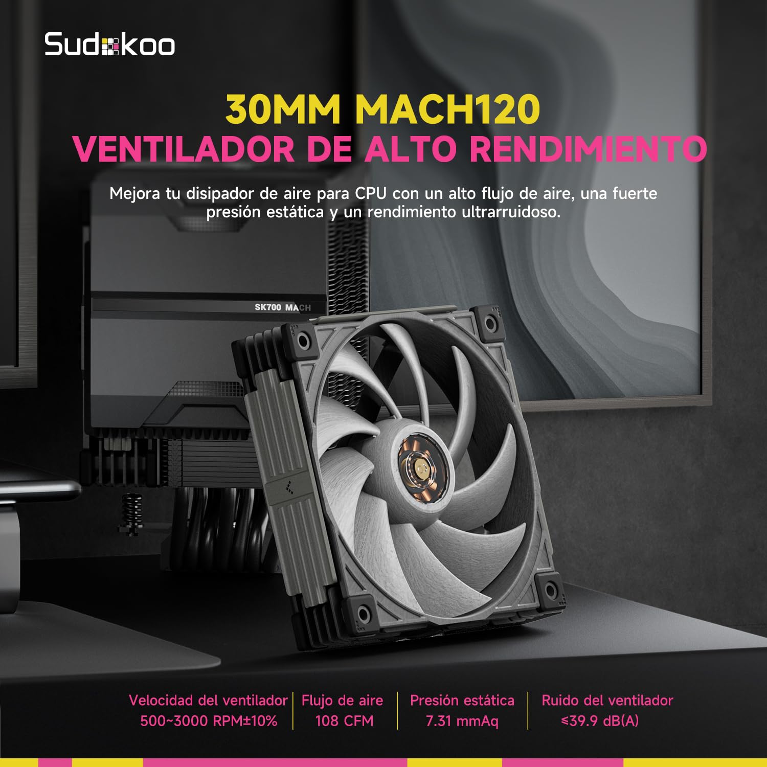 Sudokoo SK700V MACH Disipador CPU: CPU Cooler PC con Pantalla Digital & 120mm PWM Ventilador MACH120 - Ventilador CPU 7 HeatPipes para AMD AM5 & Intel LGA 1851/1700/1200/115X, TDP 280W,Montaje Fácil