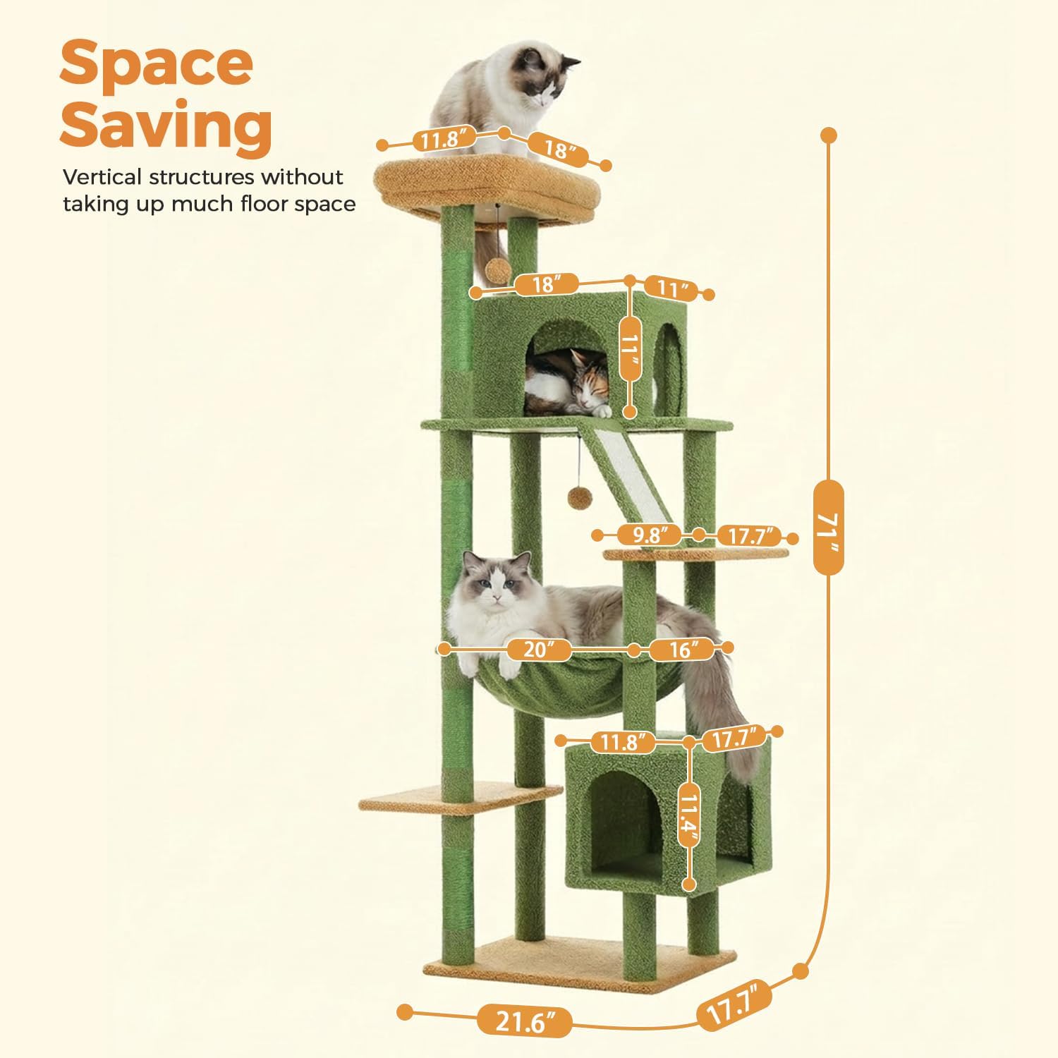71” Cactus Cat Tree for Large Cats, Extra Stable Tall Cat Tower with Oversized Hammock, 2 Condos, Sisal Scratching Posts, Vertical Multi-Level Cat Tree for Indoor Multi-Cat Homes