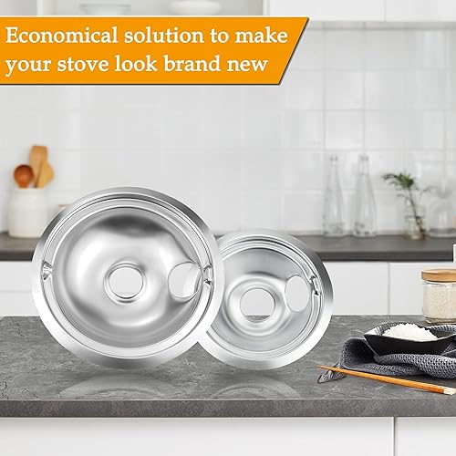 Miniatura 5 de Paquete de 4 (2) cubiertas de quemador de estufa eléctrica de 6 pulgadas y (2) de 8 pulgadas, juego de bandejas cromadas de goteo de repuesto para