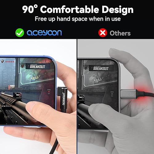 aceyoon Cable corto USB C de 90 grados de carga rápida de 0.6 pies USB A a USB C, cable trenzado de nailon tipo C pequeño para Samsung Galaxy S25