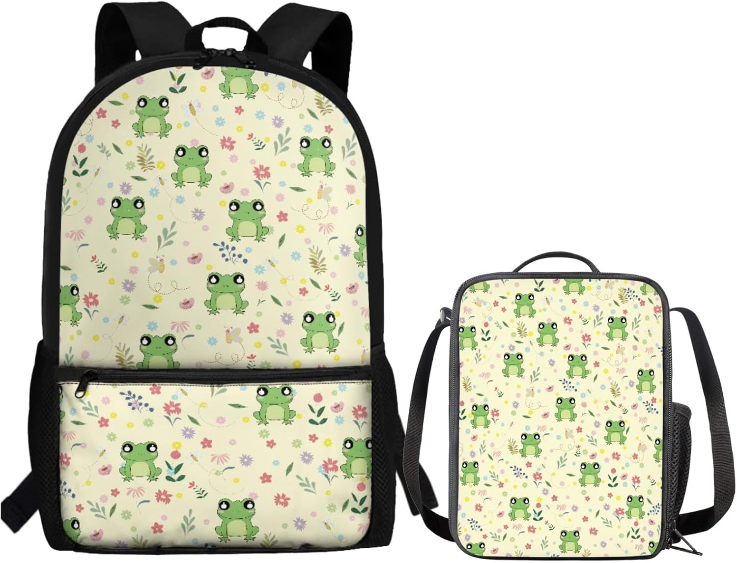 Frog Print School Backpack Children Schoolbag Bookbag with Insulated Lunch Tote Purse Full Set of 2 Piece for Kids Girls Boys