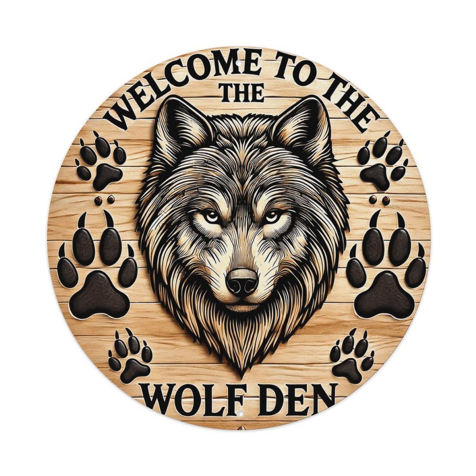 Wolf Head Paw Prints Wood Texture Retro Metal Sign Round Tin Sign, Vintage Decor Art Poster for Bar, Home, Man Cave, Kitchen, Laundry Room Gift 8x8Inch