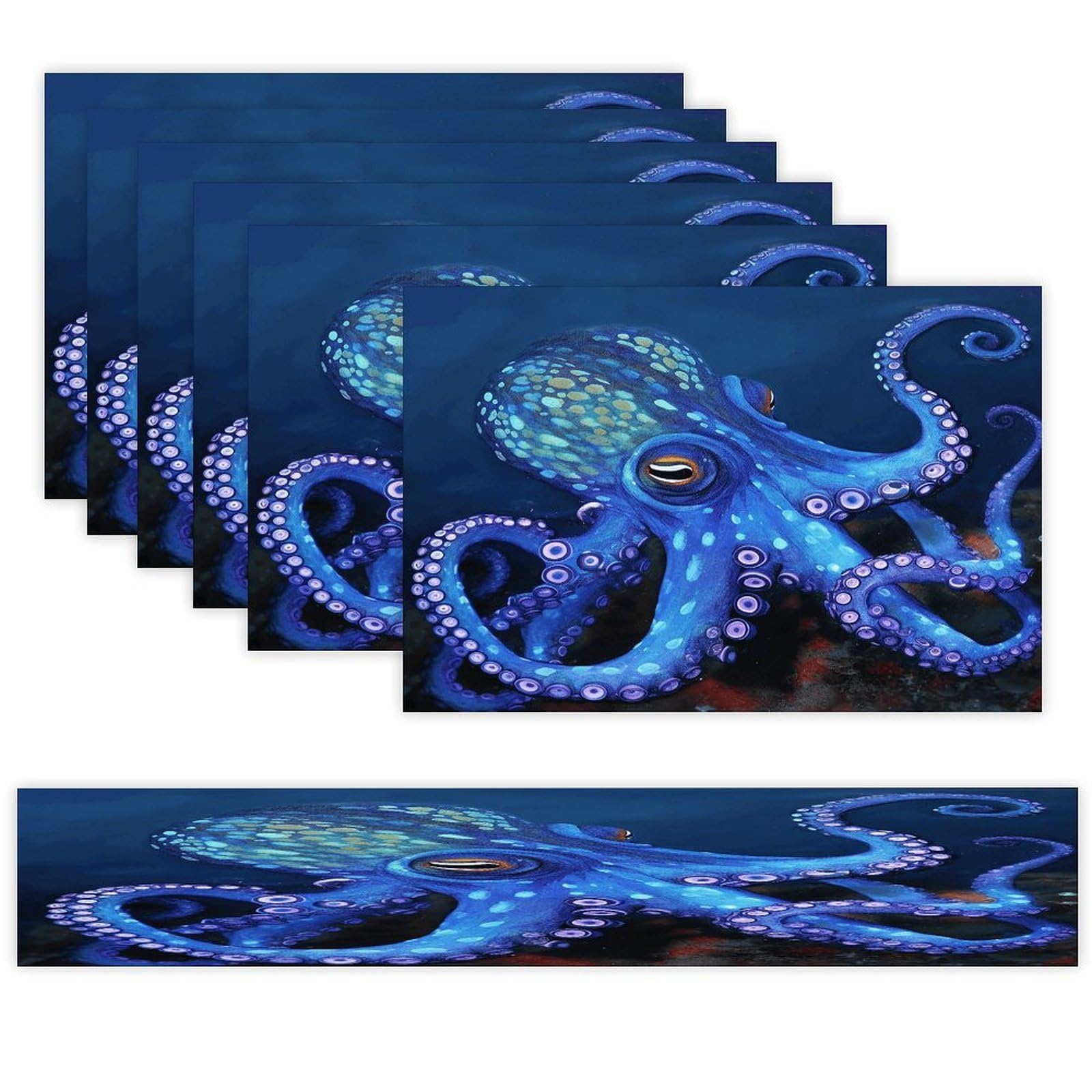 Blue Octopus Table Runner and Placemats of 6 Washable Heat Resistant Place Mats with Table Runner Vintage Holiday Table Mat Set for Holiday Party Kitchen Dining Deco